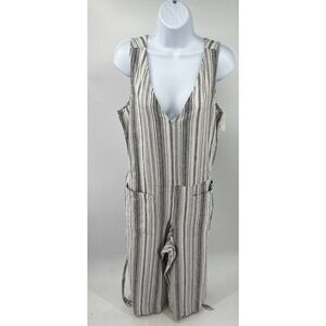 Beach Lunch Lounge Striped Linen Jumpsuit Size Large Wide Leg Cropped Romper